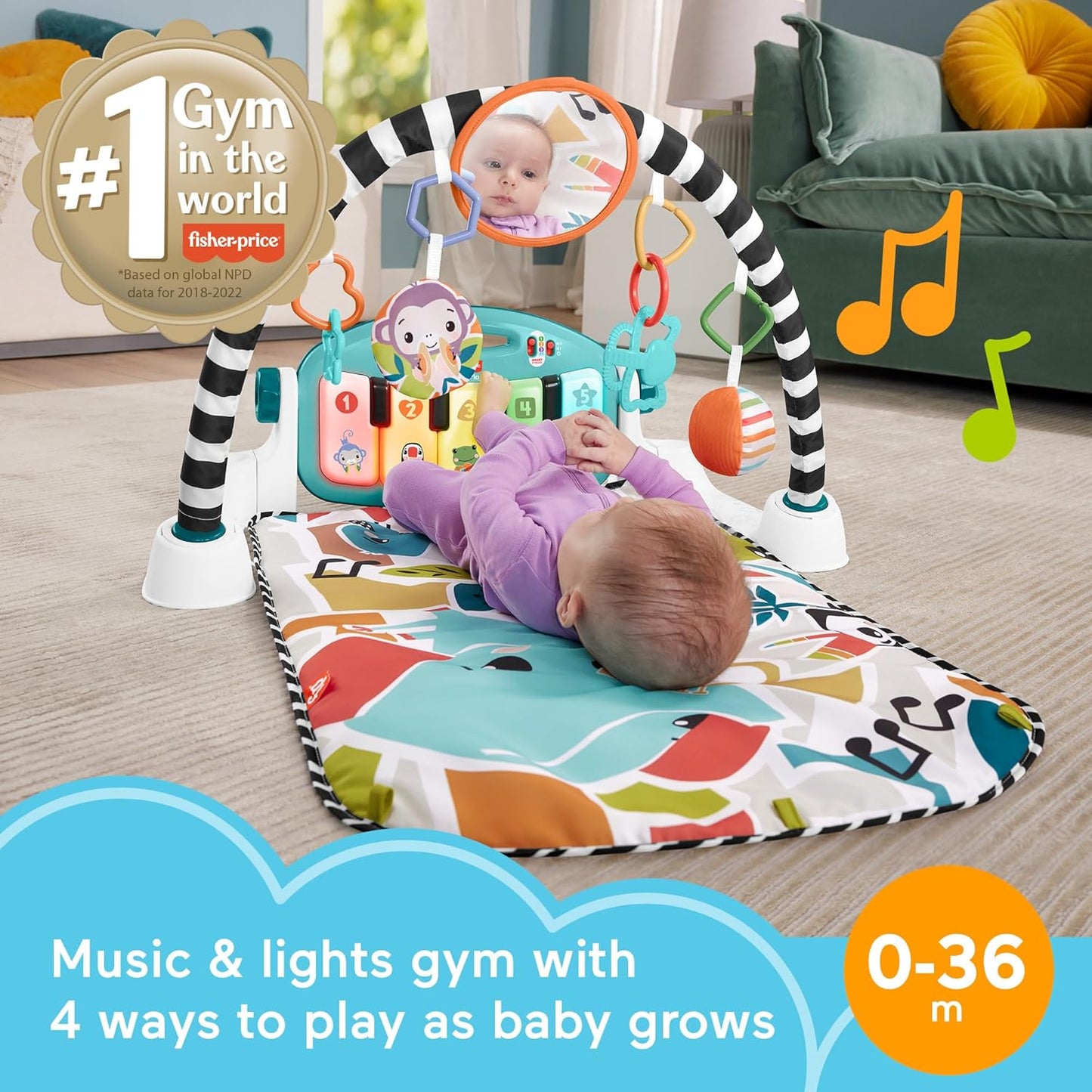 Fisher-Price Baby Activity Mat Glow and Grow Kick & Play Piano Gym, Portable Musical Toy with Smart Stages Learning, Ages 0+ Months, Blue, Queens English Version