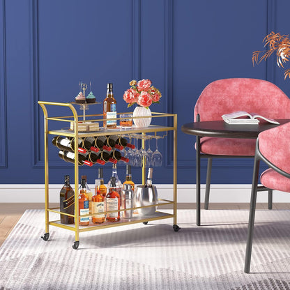 Drinks Trolley on Wheels | Gold 2-Tier Bar Cart with Wine Racks