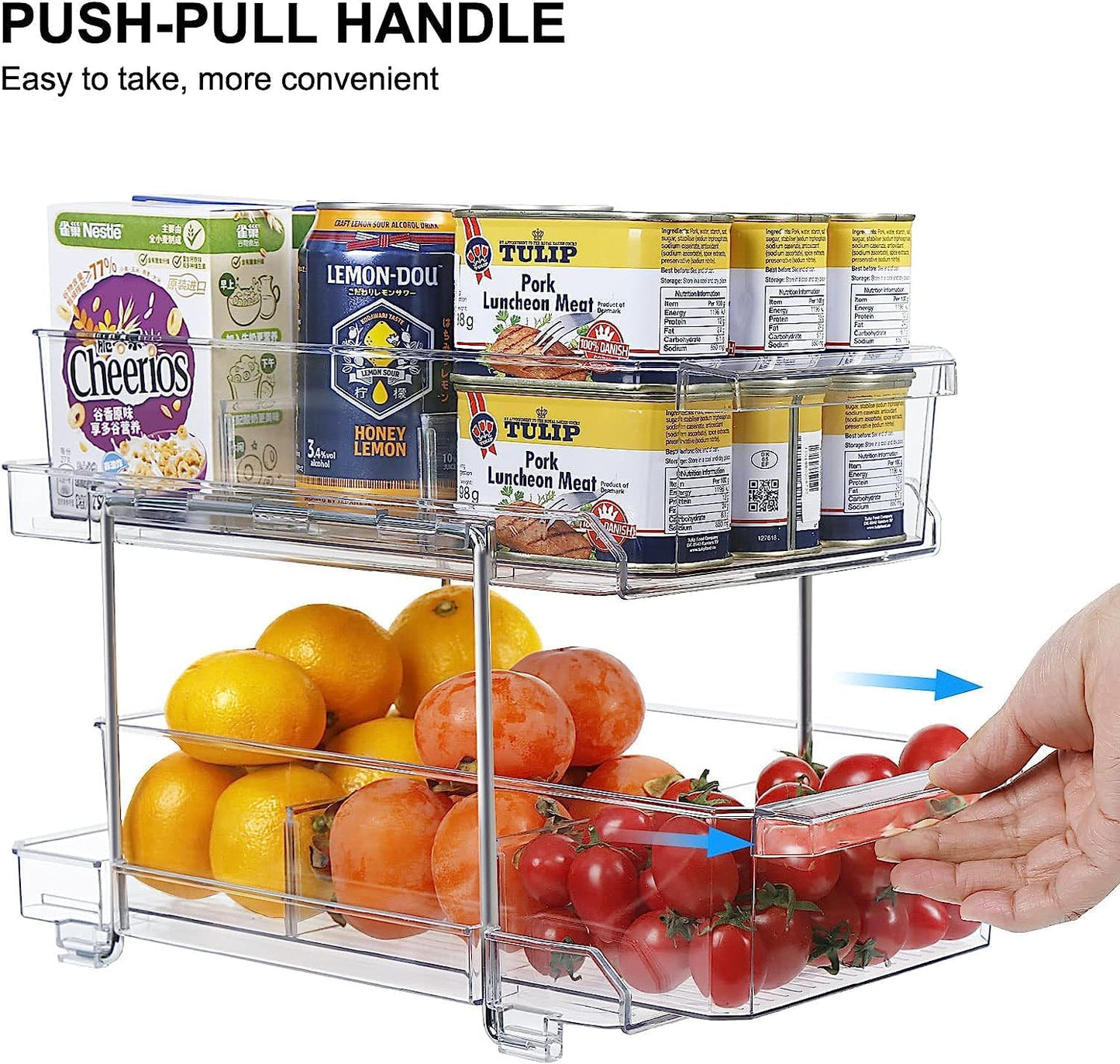 Feshory 2 Tier Clear Pull Out Cabinet Organizer for Pantry [2 Pack], Kitchen Storage & Organisation - Under Sink Storage Drawer for Countertop, Medicine, Bathroom (Acrylic)
