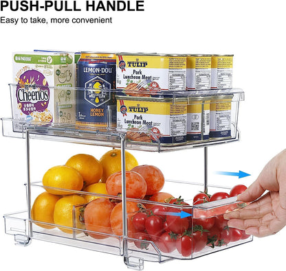 Feshory 2 Tier Clear Pull Out Cabinet Organizer for Pantry [2 Pack], Kitchen Storage & Organisation - Under Sink Storage Drawer for Countertop, Medicine, Bathroom (Acrylic)