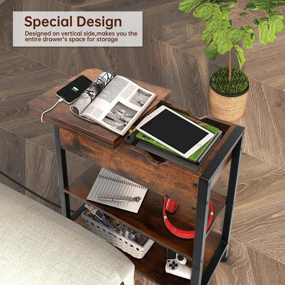 Side Table with Charging Station（Upgraded）, End Table with USB Ports and Outlets, Nightstand for Small Spaces, Bedside Tables with Storage Shelf for Living Room, Bedroom, Brown