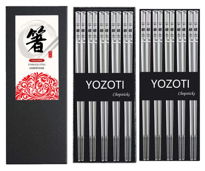 YOZOTI Stainless Steel Chopsticks, Silver Reusable Chopsticks, 5 Pairs Dishwasher Safe Metal Chopsticks, Easy to Use, Square Lightweight Chop Sticks, Gift Set (Silver)