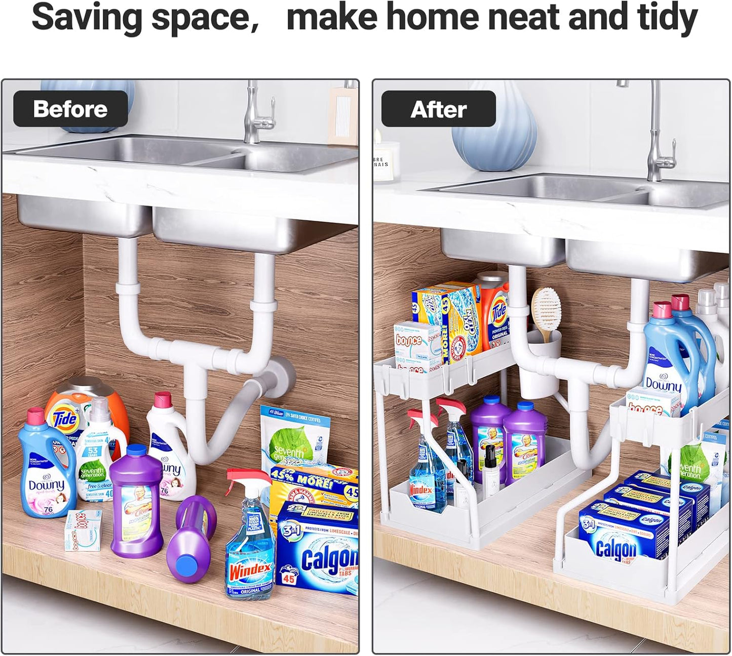 Puricon 2 Pack Under Sink Organizer, 2-Tier L-Shape Sliding Under Sink Organizers and Storage, Under Counter Storage Organizer Pull Out Under Sink Storage for Kitchen Bathroom -Black
