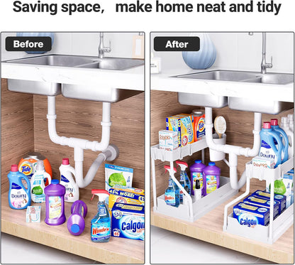 Puricon 2 Pack Under Sink Organizer, 2-Tier L-Shape Sliding Under Sink Organizers and Storage, Under Counter Storage Organizer Pull Out Under Sink Storage for Kitchen Bathroom -Black