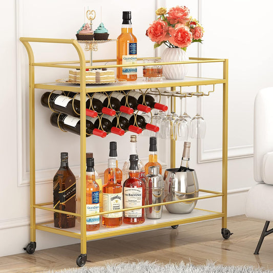 Drinks Trolley on Wheels | Gold 2-Tier Bar Cart with Wine Racks