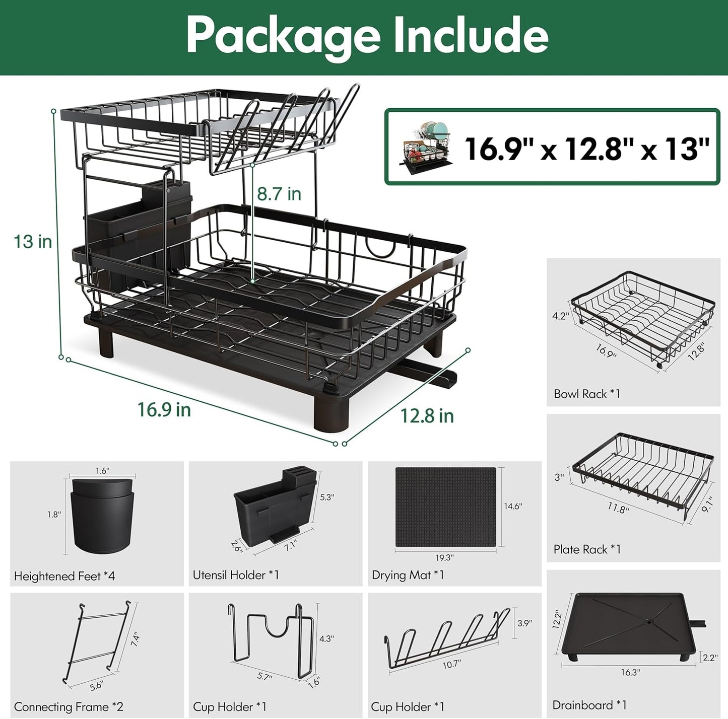 Boosiny Dish Drying Rack for Kitchen Counter, 2 Tier Dish Racks with Drainboard Set, Detachable Large Dish Drainer with Utensils Holder, Dish Drainer Rack with Extra Drying Mat, Black