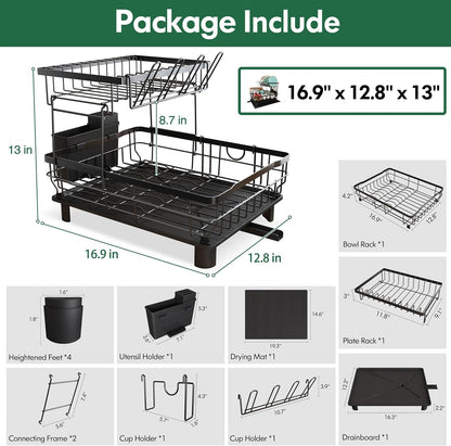 Boosiny Dish Drying Rack for Kitchen Counter, 2 Tier Dish Racks with Drainboard Set, Detachable Large Dish Drainer with Utensils Holder, Dish Drainer Rack with Extra Drying Mat, Black