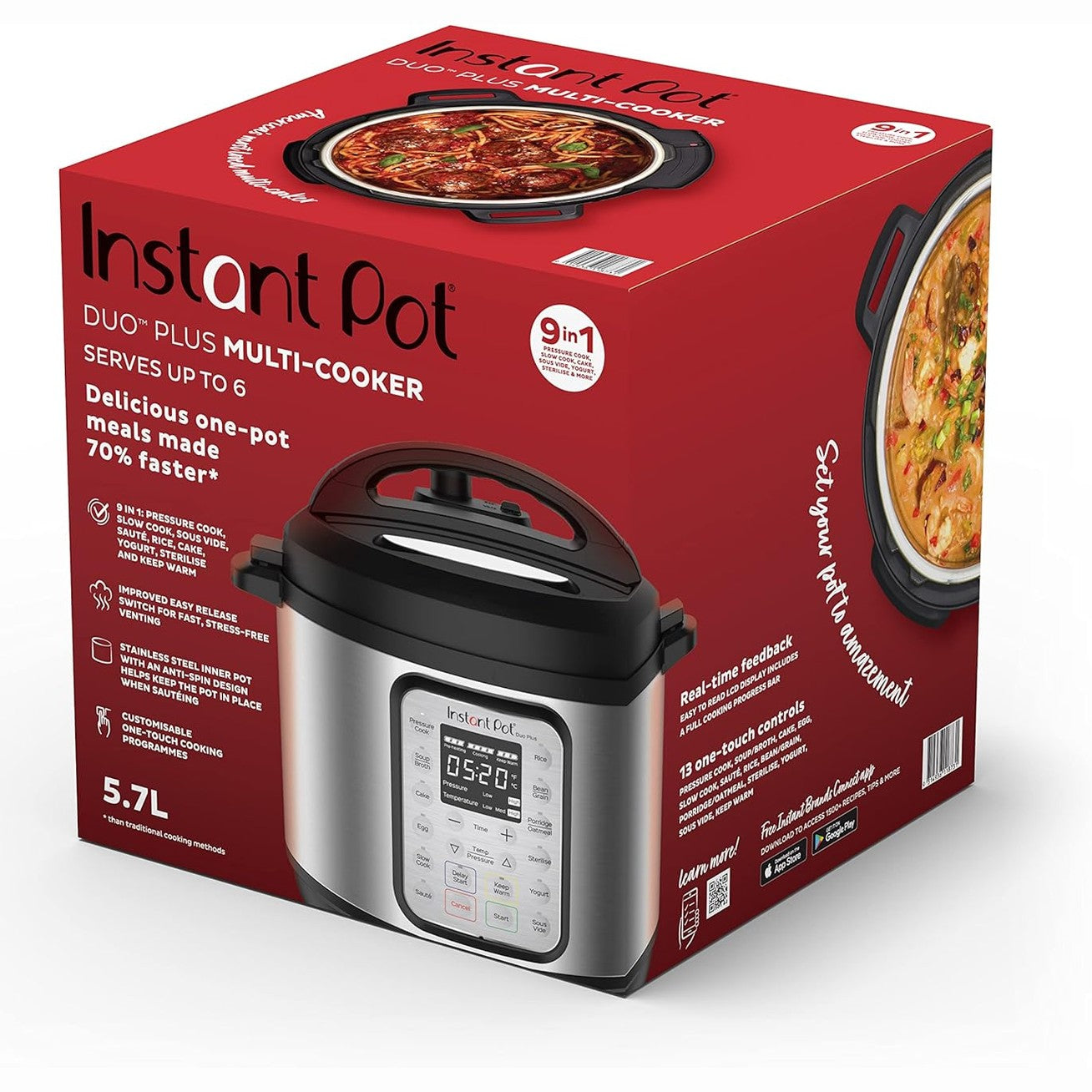 Instant Pot Duo 7-in-1 Multicooker, 5.7L - Pressure Cooker, Slow Cooker, Rice Cooker, Sauté Pan, Yogurt Maker, Steamer and Food Warmer, Brushed Stainless Steel,Black/ Grey