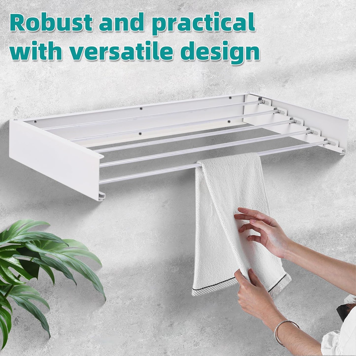 Laundry Drying Rack Collapsible, Wall Mounted, Clothes Drying Rack, 31.5" Wide, 13.1 Linear Ft, 5 Aluminum Rods, 45 lb Capacity, with Wall Template, Screwdriver Bit(White)