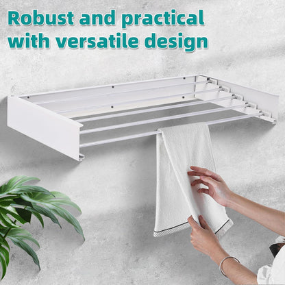 Laundry Drying Rack Collapsible, Wall Mounted, Clothes Drying Rack, 31.5" Wide, 13.1 Linear Ft, 5 Aluminum Rods, 45 lb Capacity, with Wall Template, Screwdriver Bit(White)