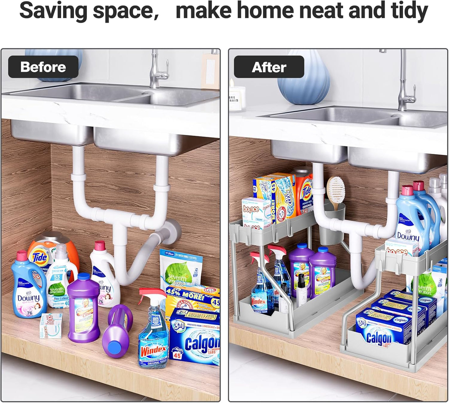 Puricon 2 Pack Under Sink Organizer, 2-Tier L-Shape Sliding Under Sink Organizers and Storage, Under Counter Storage Organizer Pull Out Under Sink Storage for Kitchen Bathroom -Black