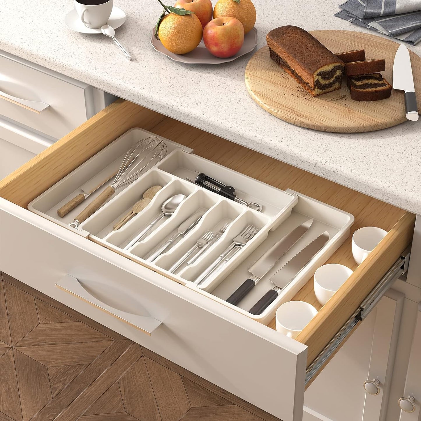 Lifewit Cutlery Drawer Organiser, Expandable Utensil Tray for Kitchen, Adjustable Silverware and Flatware Holder, Compact Plastic Storage for Spoons Forks Knives, Large, Black