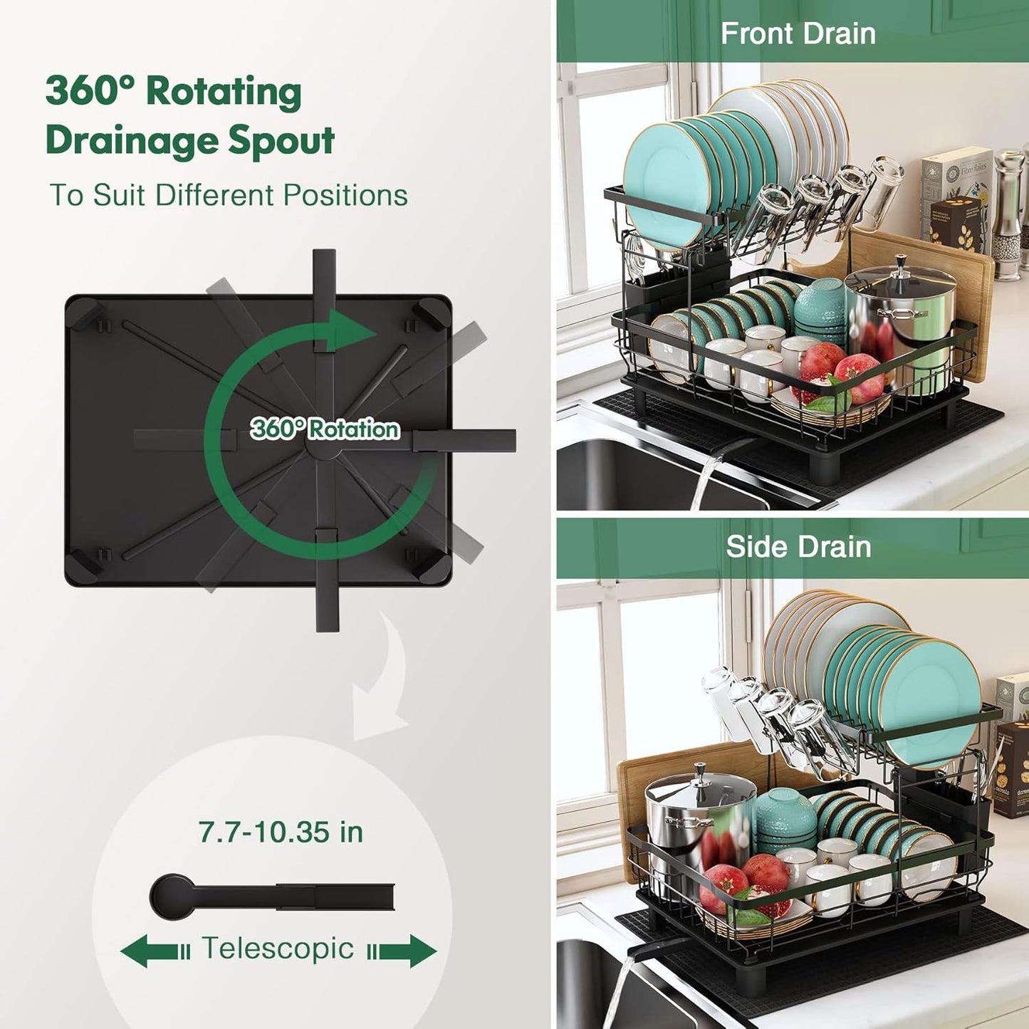 Boosiny Dish Drying Rack for Kitchen Counter, 2 Tier Dish Racks with Drainboard Set, Detachable Large Dish Drainer with Utensils Holder, Dish Drainer Rack with Extra Drying Mat, Black