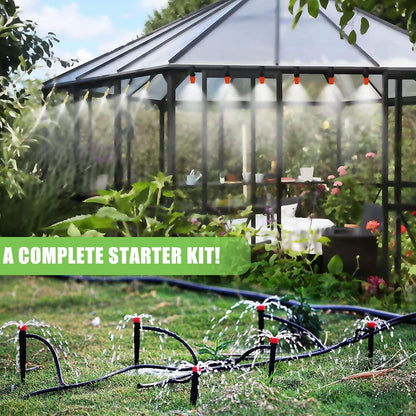 Tivddikun Drip Irrigation Kit, 360° Bendable Watering System with 49FT/15M Drip Irrigation Hose, 20 T-joints, 15 Adjustable Brass Misting Nozzles, 10 Fixed Stems, Anti-blocked Universal Faucet Adapter