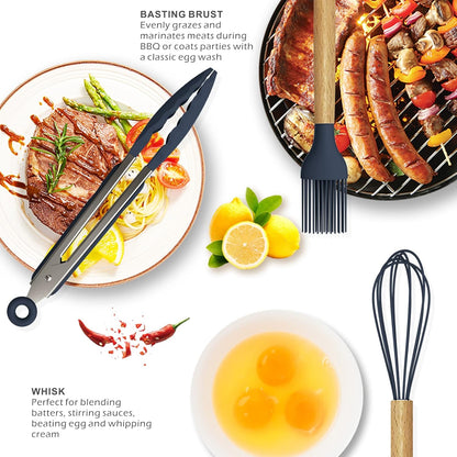 14-Piece Silicone Kitchen Utensil Set with Wooden Handles