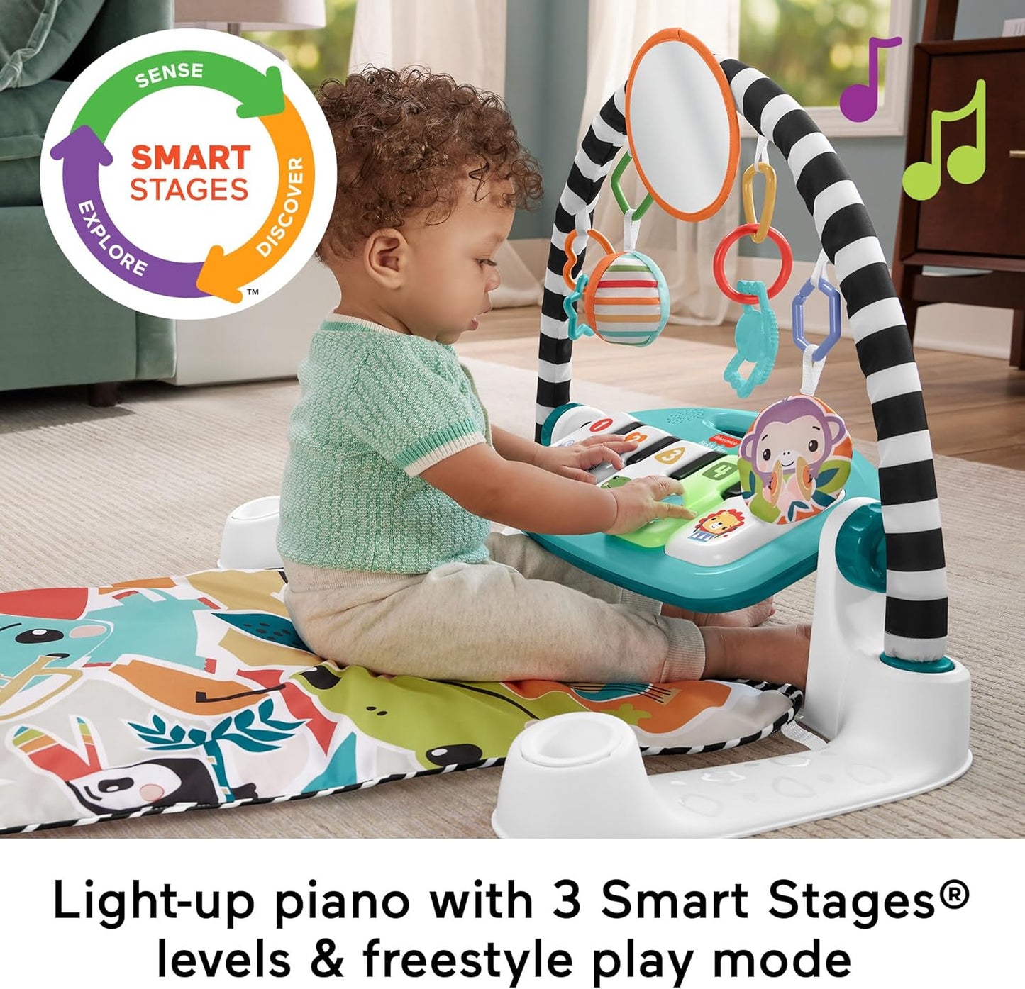 Fisher-Price Baby Activity Mat Glow and Grow Kick & Play Piano Gym, Portable Musical Toy with Smart Stages Learning, Ages 0+ Months, Blue, Queens English Version