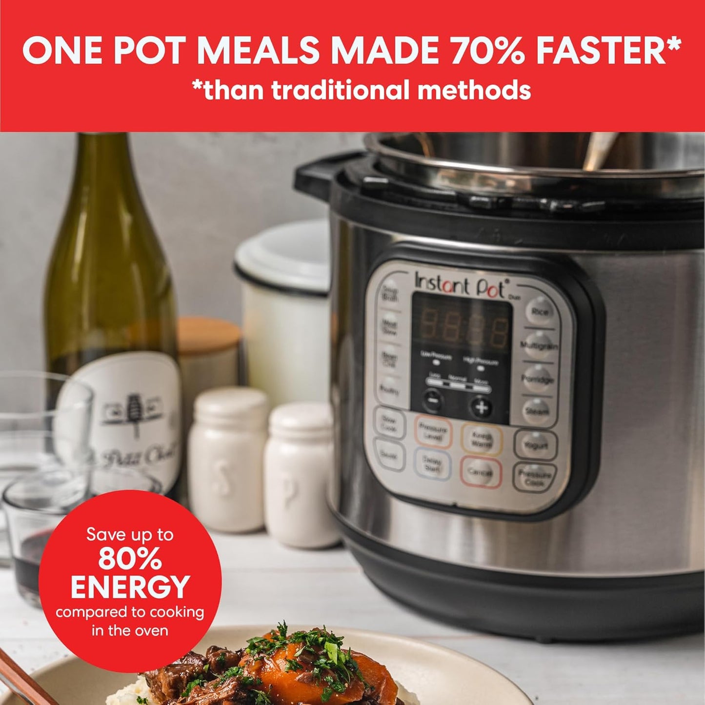 Instant Pot Duo 7-in-1 Multicooker, 5.7L - Pressure Cooker, Slow Cooker, Rice Cooker, Sauté Pan, Yogurt Maker, Steamer and Food Warmer, Brushed Stainless Steel,Black/ Grey