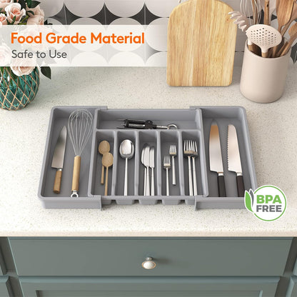 Lifewit Cutlery Drawer Organiser, Expandable Utensil Tray for Kitchen, Adjustable Silverware and Flatware Holder, Compact Plastic Storage for Spoons Forks Knives, Large, Black