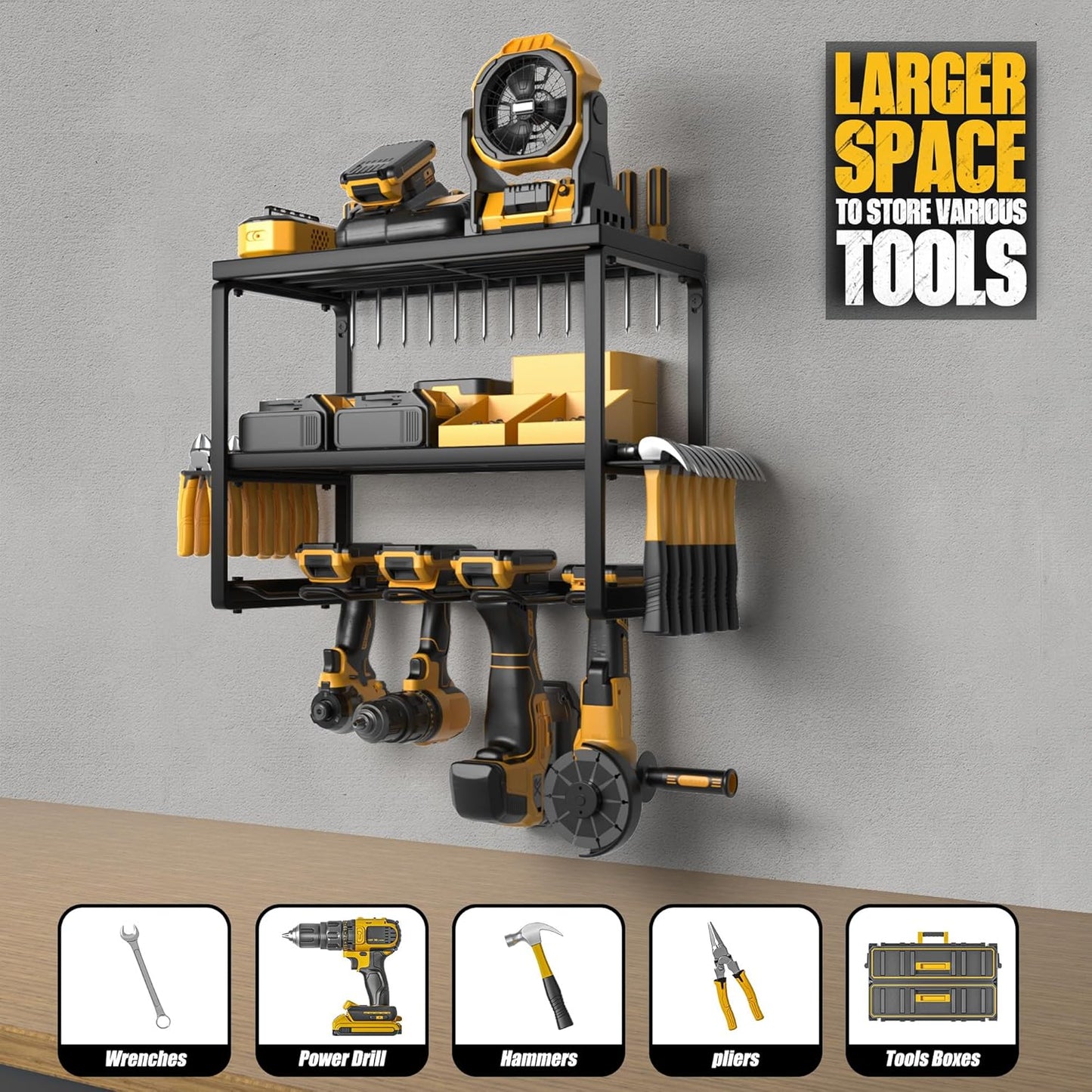Power Tool Organizer, Garage Organization with 7 Drill Holders, Amoowis Tool Box Organizers and Storage Wall Mount, Metal Shelf Heavy Duty, Utility Rack for Screwdriver Pegboard Shed Workshop