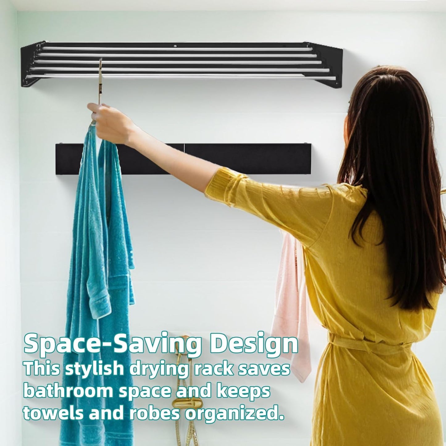 Laundry Drying Rack Collapsible, Wall Mounted, Clothes Drying Rack, 31.5" Wide, 13.1 Linear Ft, 5 Aluminum Rods, 45 lb Capacity, with Wall Template, Screwdriver Bit(White)