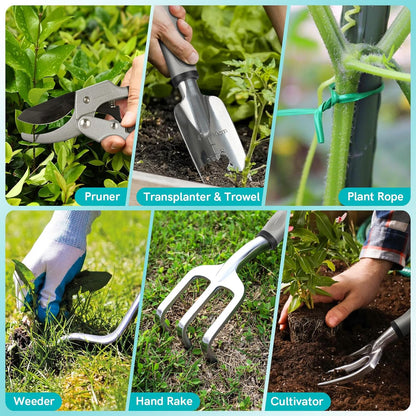 PHIRAH Garden Tool Set, 7PCS Garden Tools Set with Twist Tie for Women and Men, Gardening Kit with Hand Tools, Landscaping Essentials, Starter Kit for Lawn Care, Perfect Gift for Gardeners