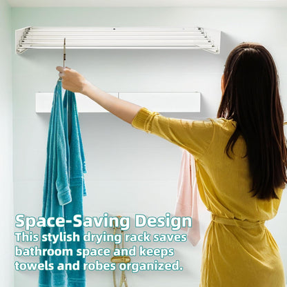 Laundry Drying Rack Collapsible, Wall Mounted, Clothes Drying Rack, 31.5" Wide, 13.1 Linear Ft, 5 Aluminum Rods, 45 lb Capacity, with Wall Template, Screwdriver Bit(White)