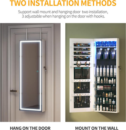 Freestanding Full-Length Mirror Jewelry Cabinet – 3-in-1 Organizer with LED Lights, Shelves & Lockable Design