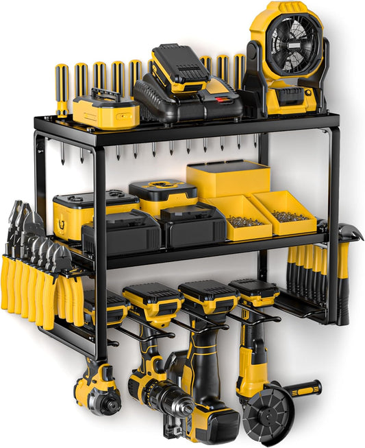 Power Tool Organizer, Garage Organization with 7 Drill Holders, Amoowis Tool Box Organizers and Storage Wall Mount, Metal Shelf Heavy Duty, Utility Rack for Screwdriver Pegboard Shed Workshop