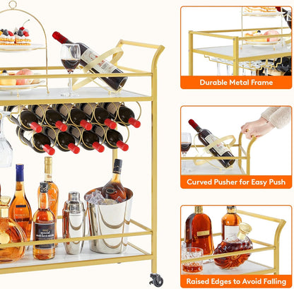 Drinks Trolley on Wheels | Gold 2-Tier Bar Cart with Wine Racks