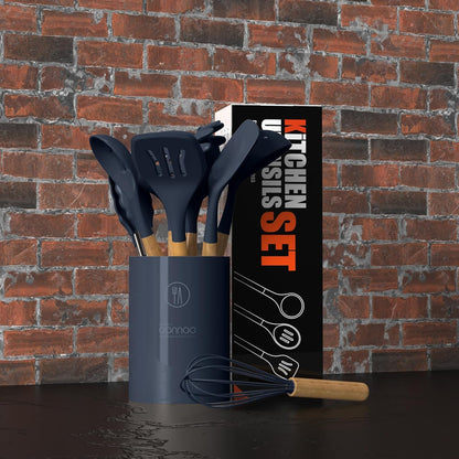 14-Piece Silicone Kitchen Utensil Set with Wooden Handles