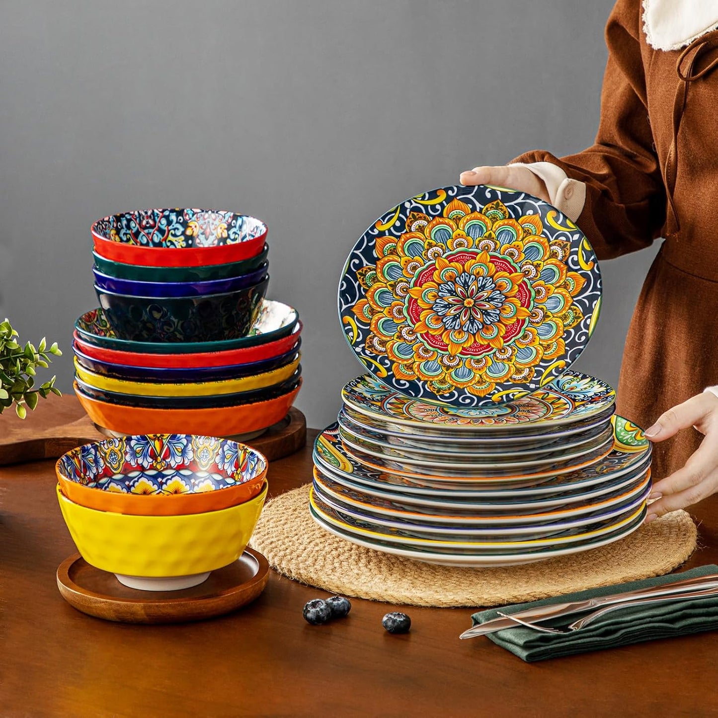 vancasso 12 Pieces Dinnerware Sets, Plates and Bowls Set, Porcelain Dishes Set for 4, Microwave and Dishwasher Safe, Scratch Resistant, Bohemian Style Dining Ware Service for 4, Series SIMI