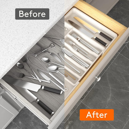 Lifewit Cutlery Drawer Organiser, Expandable Utensil Tray for Kitchen, Adjustable Silverware and Flatware Holder, Compact Plastic Storage for Spoons Forks Knives, Large, Black