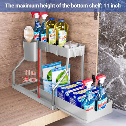 Puricon 2 Pack Under Sink Organizer, 2-Tier L-Shape Sliding Under Sink Organizers and Storage, Under Counter Storage Organizer Pull Out Under Sink Storage for Kitchen Bathroom -Black