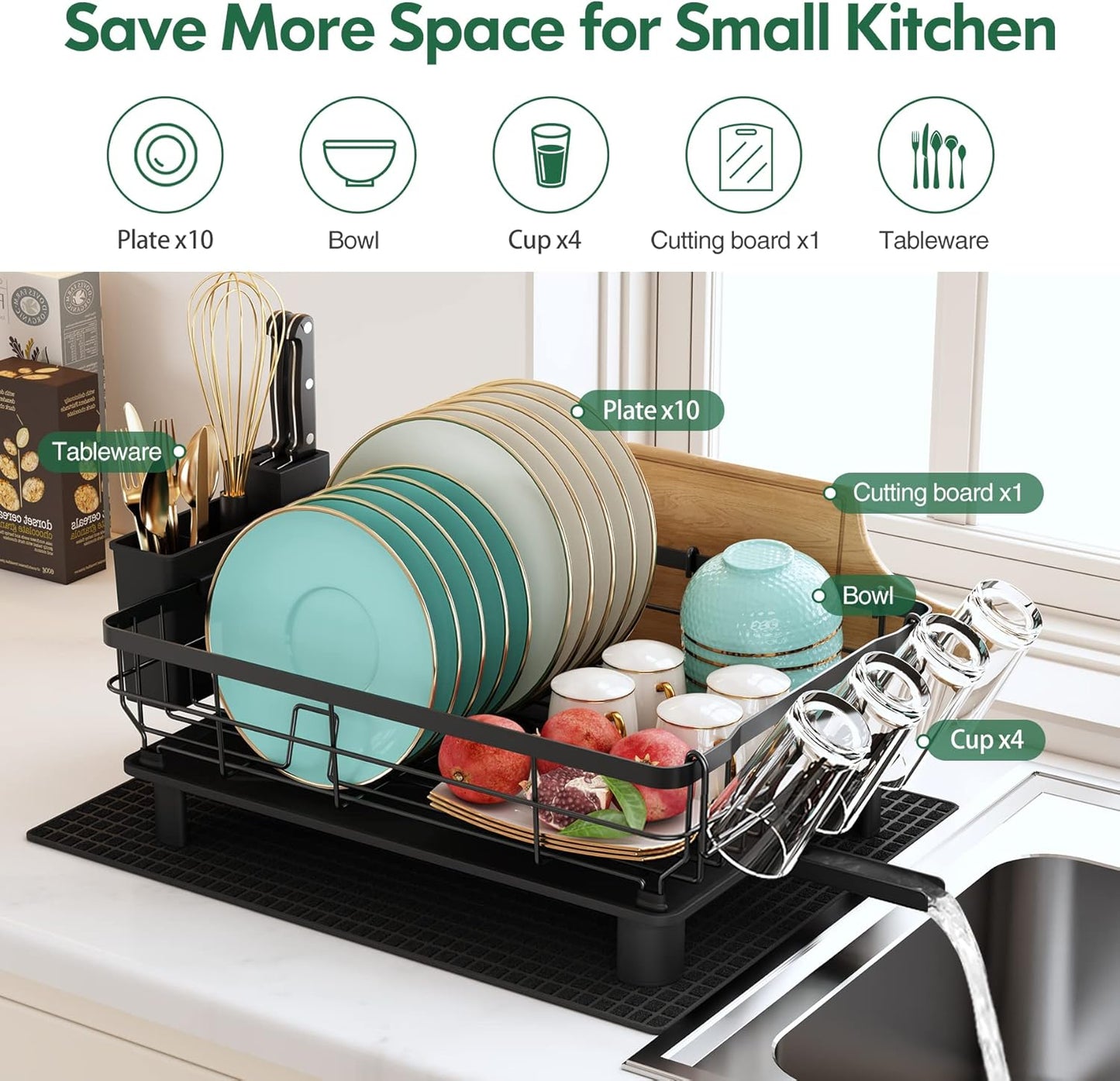 Boosiny Dish Drying Rack for Kitchen Counter, 2 Tier Dish Racks with Drainboard Set, Detachable Large Dish Drainer with Utensils Holder, Dish Drainer Rack with Extra Drying Mat, Black