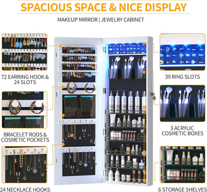 Freestanding Full-Length Mirror Jewelry Cabinet – 3-in-1 Organizer with LED Lights, Shelves & Lockable Design