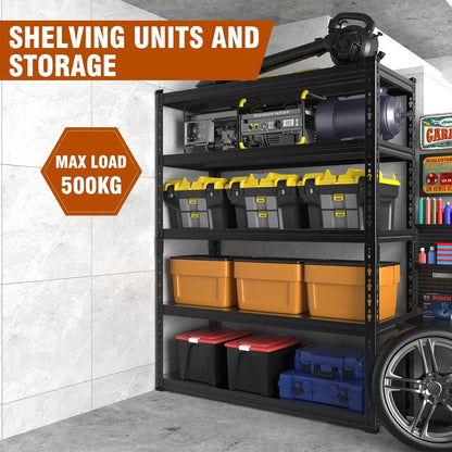 5 Tier Storage Shelves Metal Garage Shelving Unit for System Racks Storage Basement Storage Shelf Garage Storage Rack H150cm*W100cm* D40cm (Black)