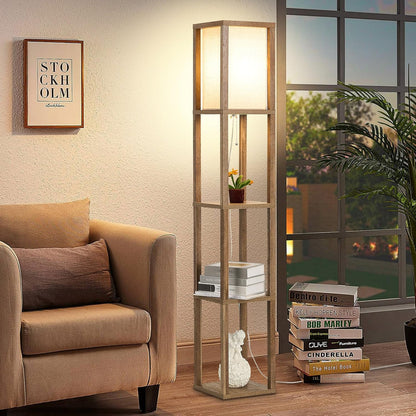 Retro Standing Lamp | Wood Finish & Linen Shade