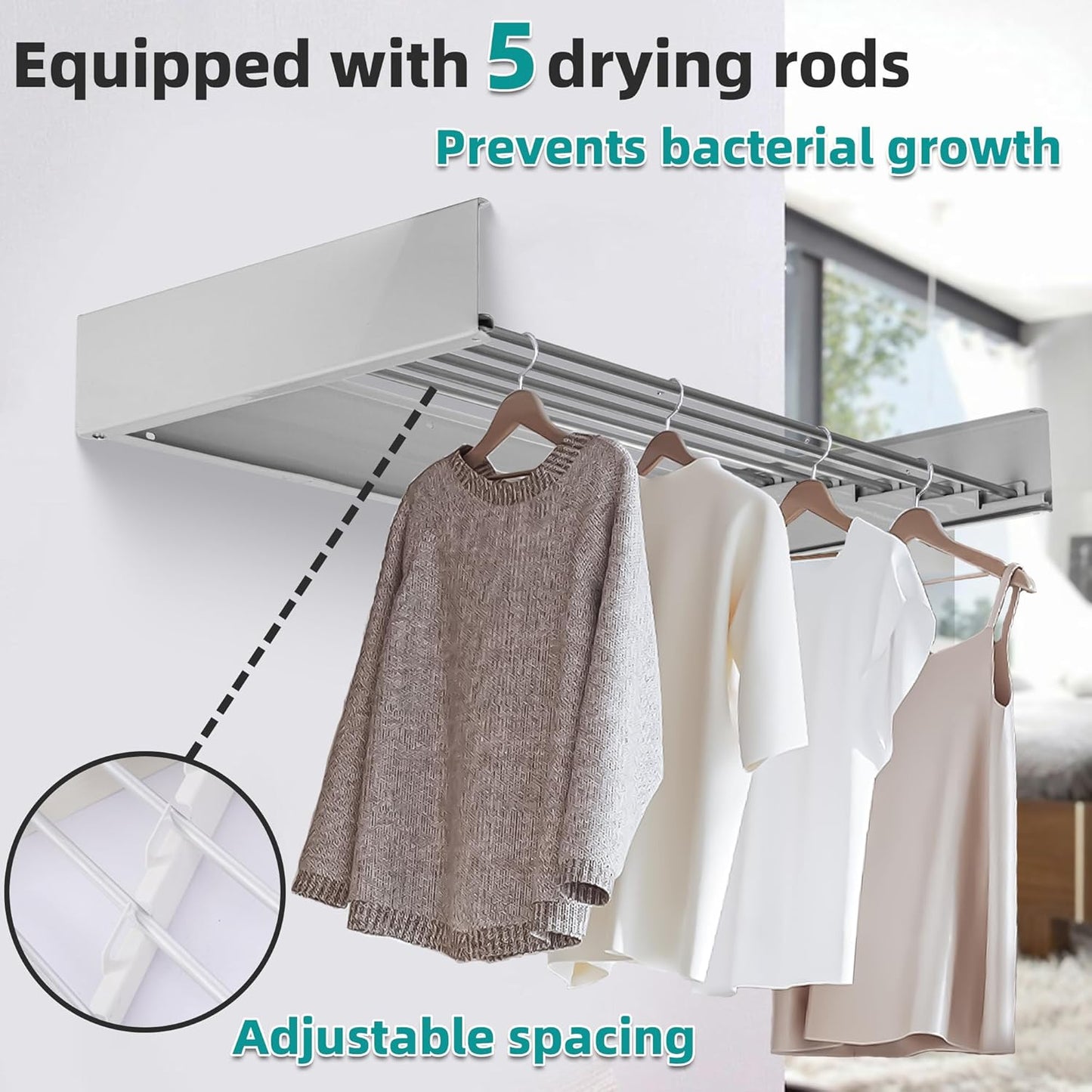 Laundry Drying Rack Collapsible, Wall Mounted, Clothes Drying Rack, 31.5" Wide, 13.1 Linear Ft, 5 Aluminum Rods, 45 lb Capacity, with Wall Template, Screwdriver Bit(White)