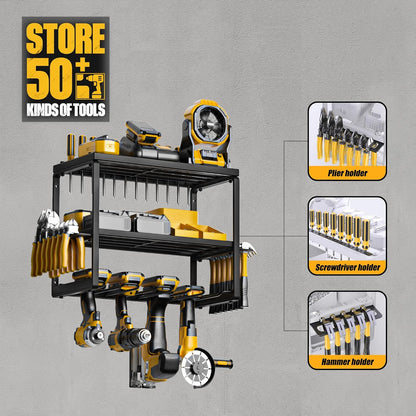 Power Tool Organizer, Garage Organization with 7 Drill Holders, Amoowis Tool Box Organizers and Storage Wall Mount, Metal Shelf Heavy Duty, Utility Rack for Screwdriver Pegboard Shed Workshop