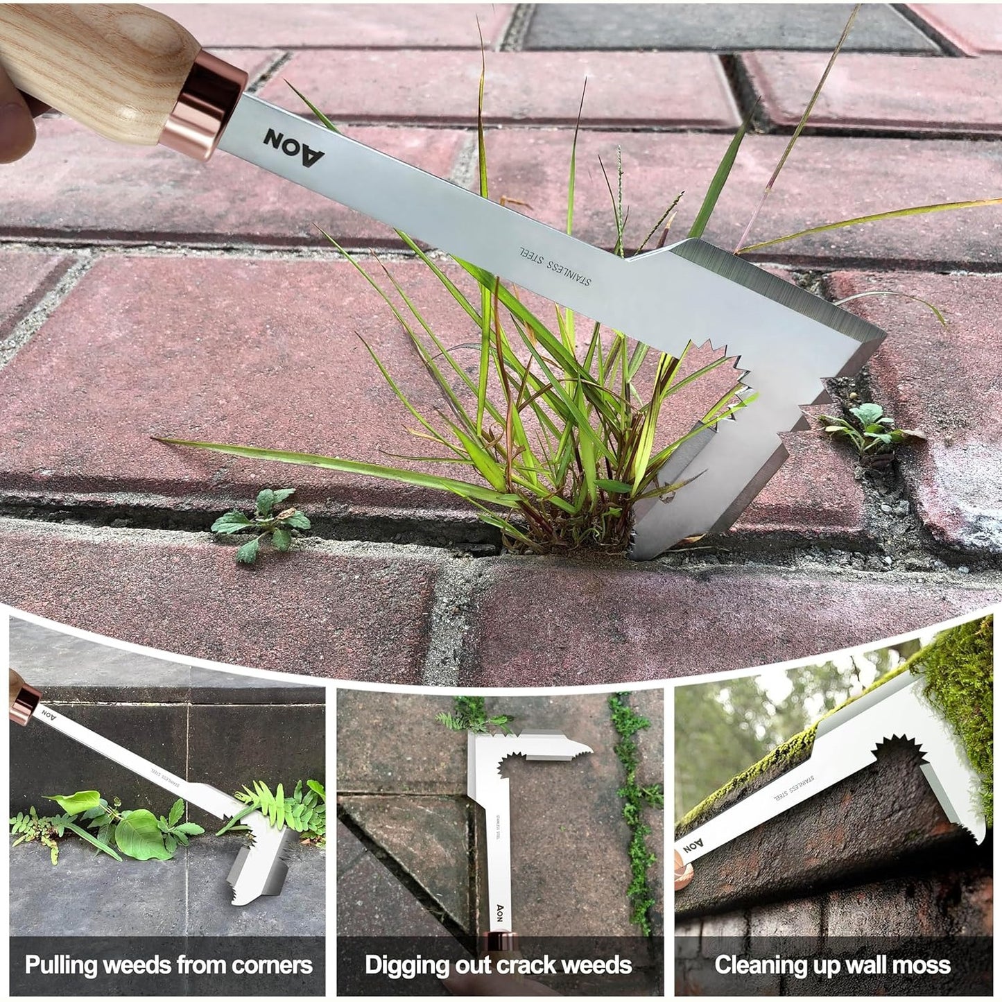 aon 2 Pack Hand Crack Weeder Puller Tool Set - Made with Heat Treated Steel and Ash Wood Ergonomic Handles, Weeding Tools Ideal for Gardens and Patio Lawns to Effectively Pull Out Weeds & Their Roots