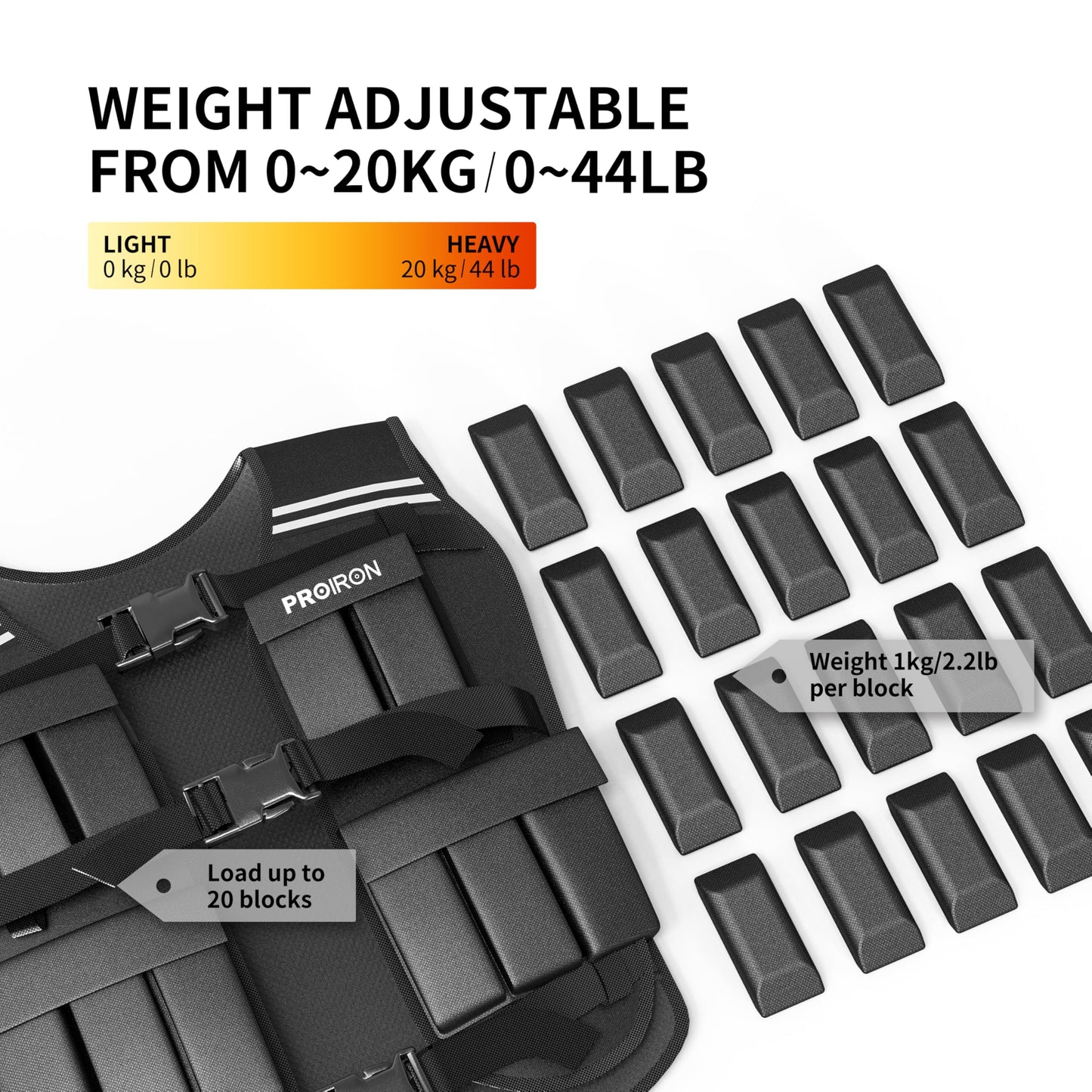 PROIRON Adjustable Weighted Vest, 20 Weight Packs, Weight Jacket Men Women with Reflective Stripe for Running Strength Training Workout Jogging Walking Home Gym Fitness Cardio Weight Loss, Black