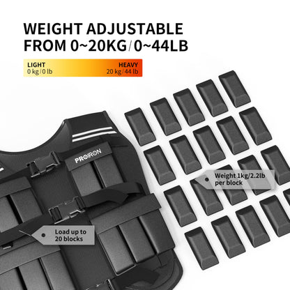 PROIRON Adjustable Weighted Vest, 20 Weight Packs, Weight Jacket Men Women with Reflective Stripe for Running Strength Training Workout Jogging Walking Home Gym Fitness Cardio Weight Loss, Black