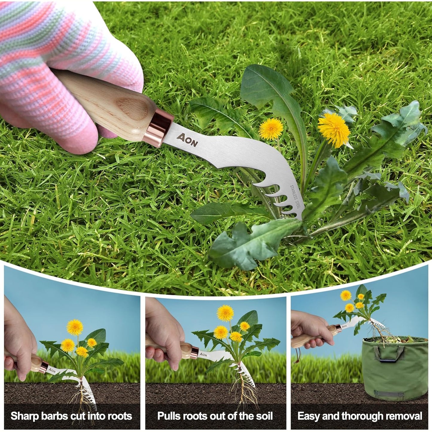 aon 2 Pack Hand Crack Weeder Puller Tool Set - Made with Heat Treated Steel and Ash Wood Ergonomic Handles, Weeding Tools Ideal for Gardens and Patio Lawns to Effectively Pull Out Weeds & Their Roots
