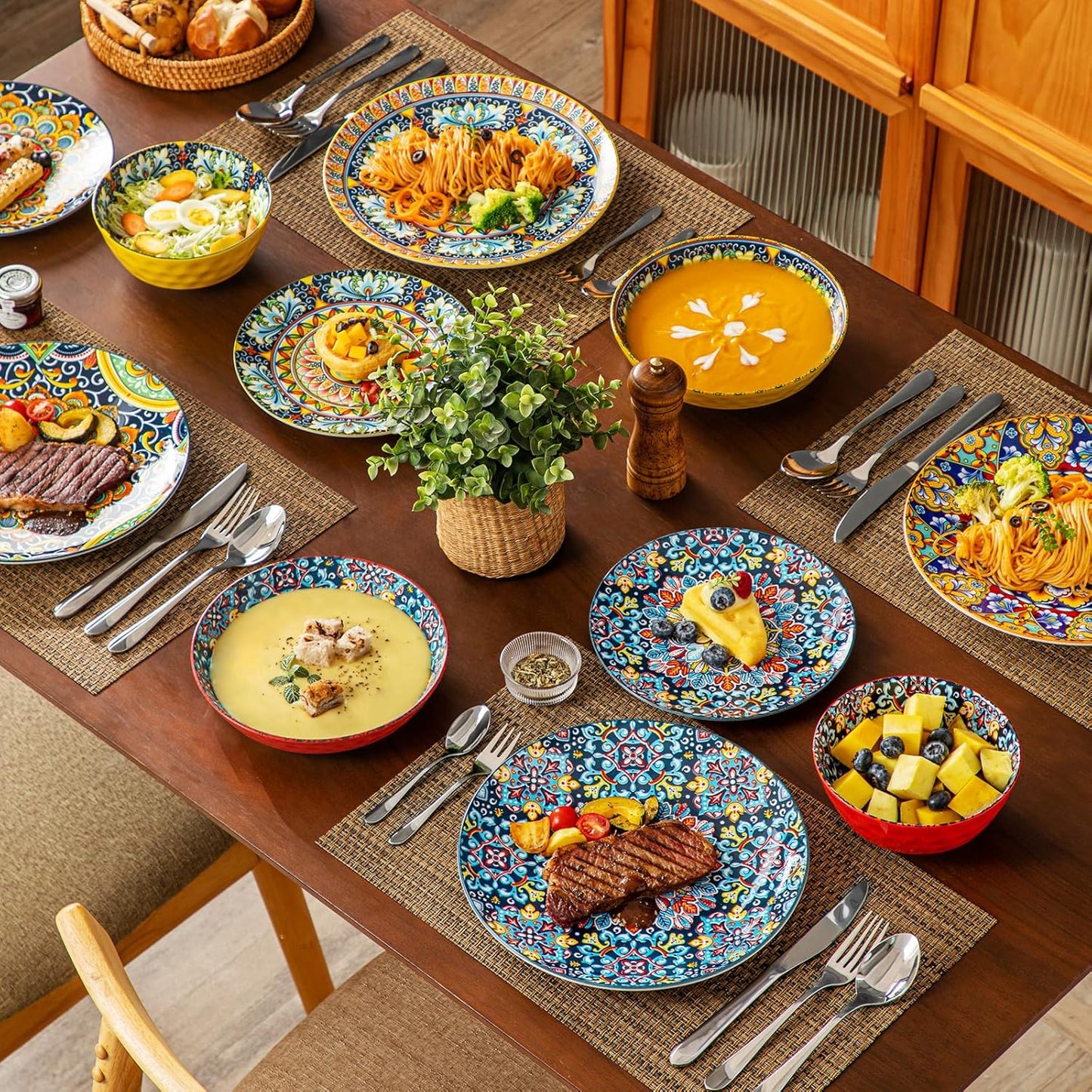 vancasso 12 Pieces Dinnerware Sets, Plates and Bowls Set, Porcelain Dishes Set for 4, Microwave and Dishwasher Safe, Scratch Resistant, Bohemian Style Dining Ware Service for 4, Series SIMI