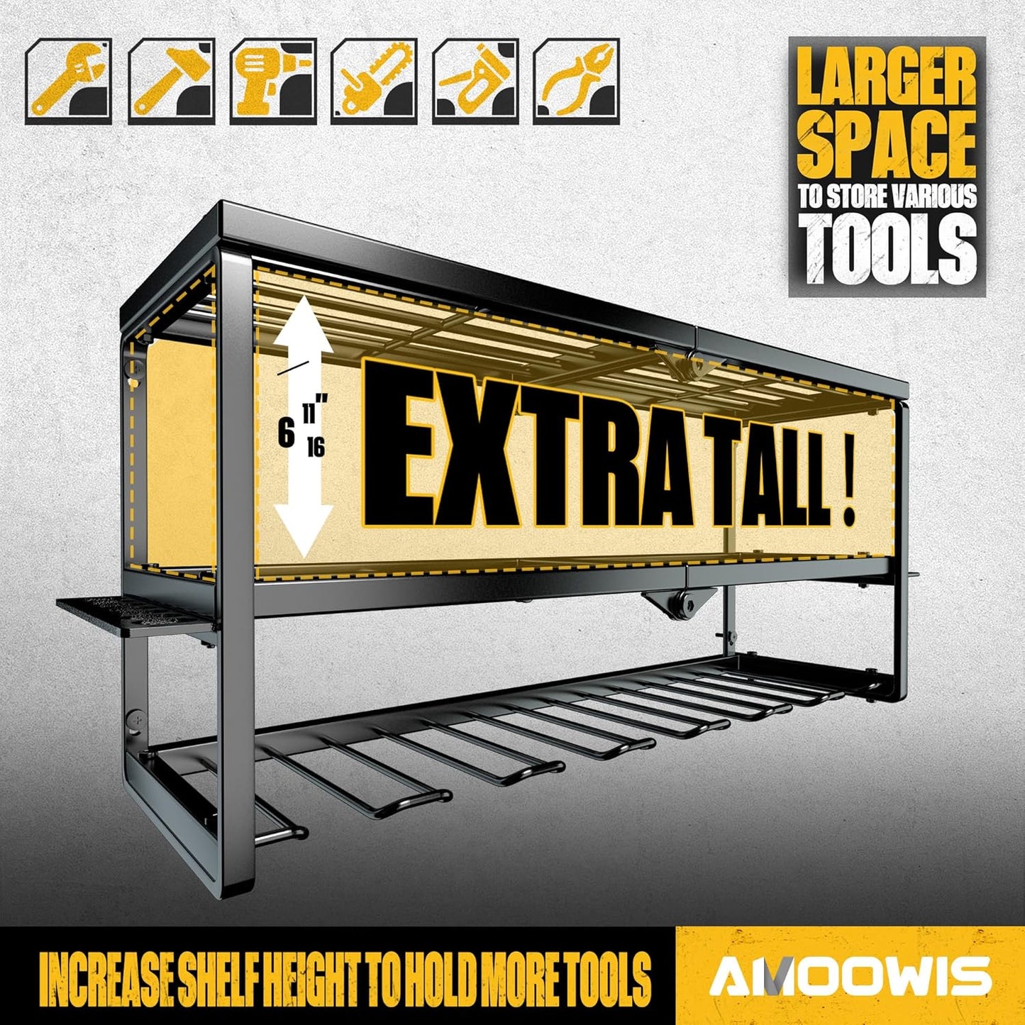 Power Tool Organizer, Garage Organization with 7 Drill Holders, Amoowis Tool Box Organizers and Storage Wall Mount, Metal Shelf Heavy Duty, Utility Rack for Screwdriver Pegboard Shed Workshop