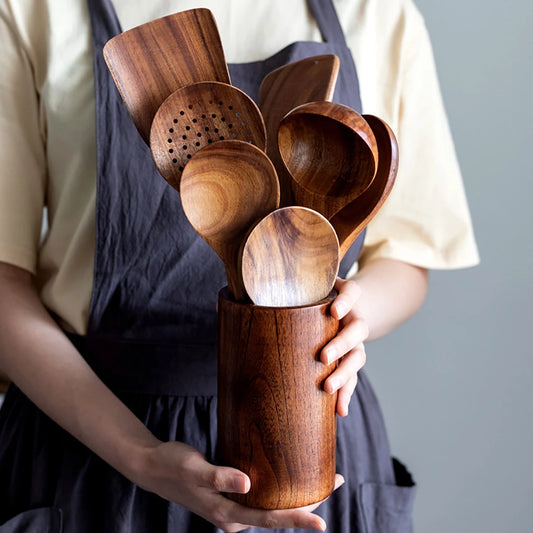 Wood Kitchen Utensil Set - Spatula Spoon Baking & Serving Set with Holder