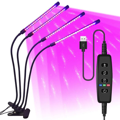 USB LED Plant Grow Light | 1/2/3/4 Head, 10 Dimming Levels, Timer