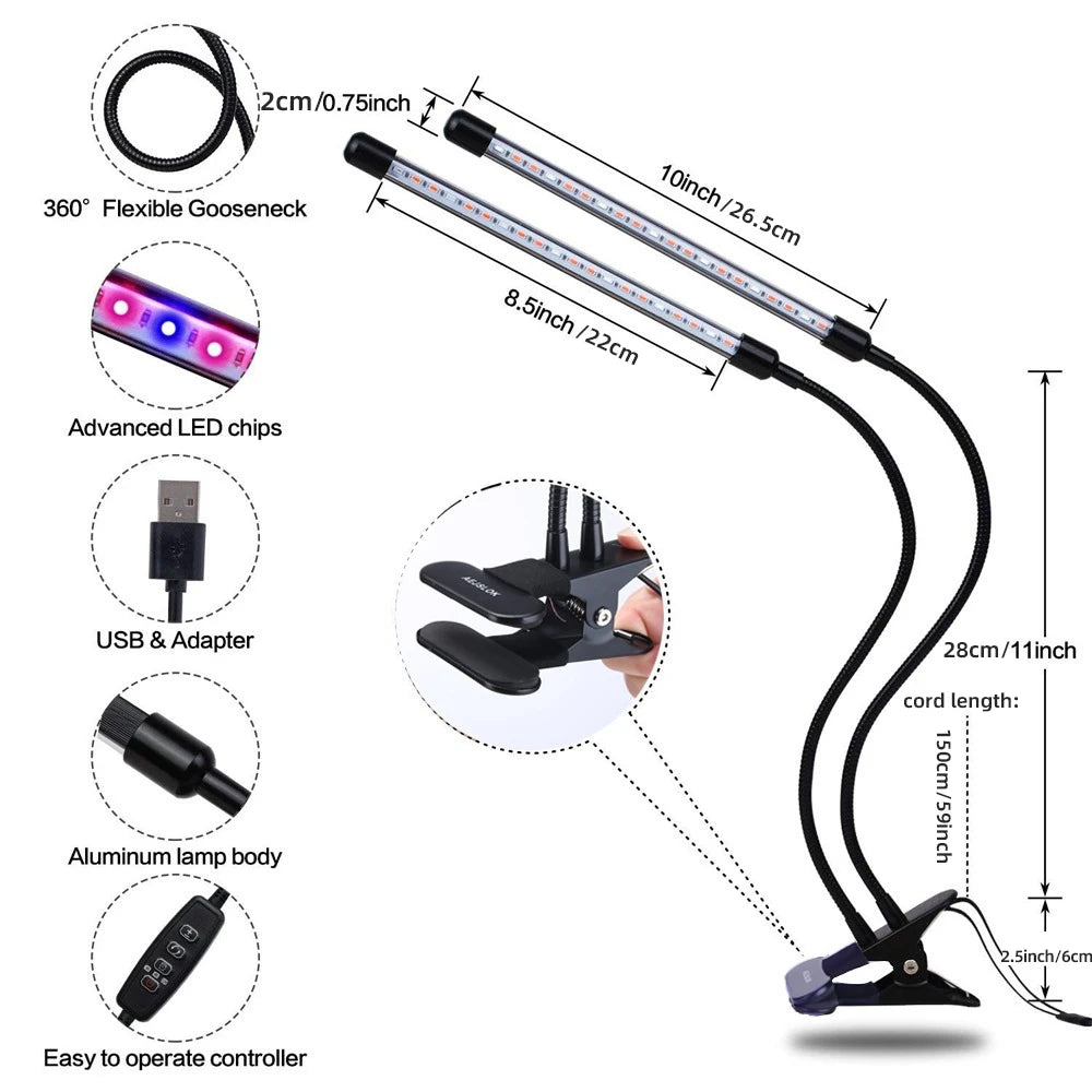 USB LED Plant Grow Light | 1/2/3/4 Head, 10 Dimming Levels, Timer