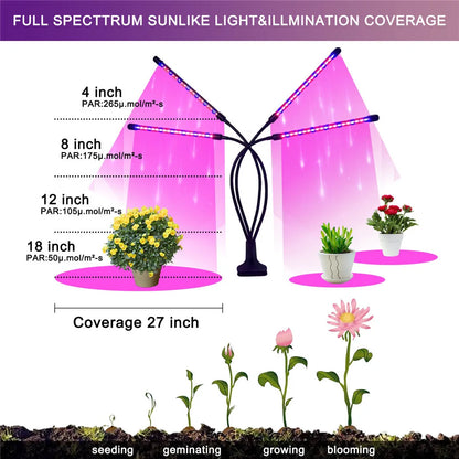 USB LED Plant Grow Light | 1/2/3/4 Head, 10 Dimming Levels, Timer