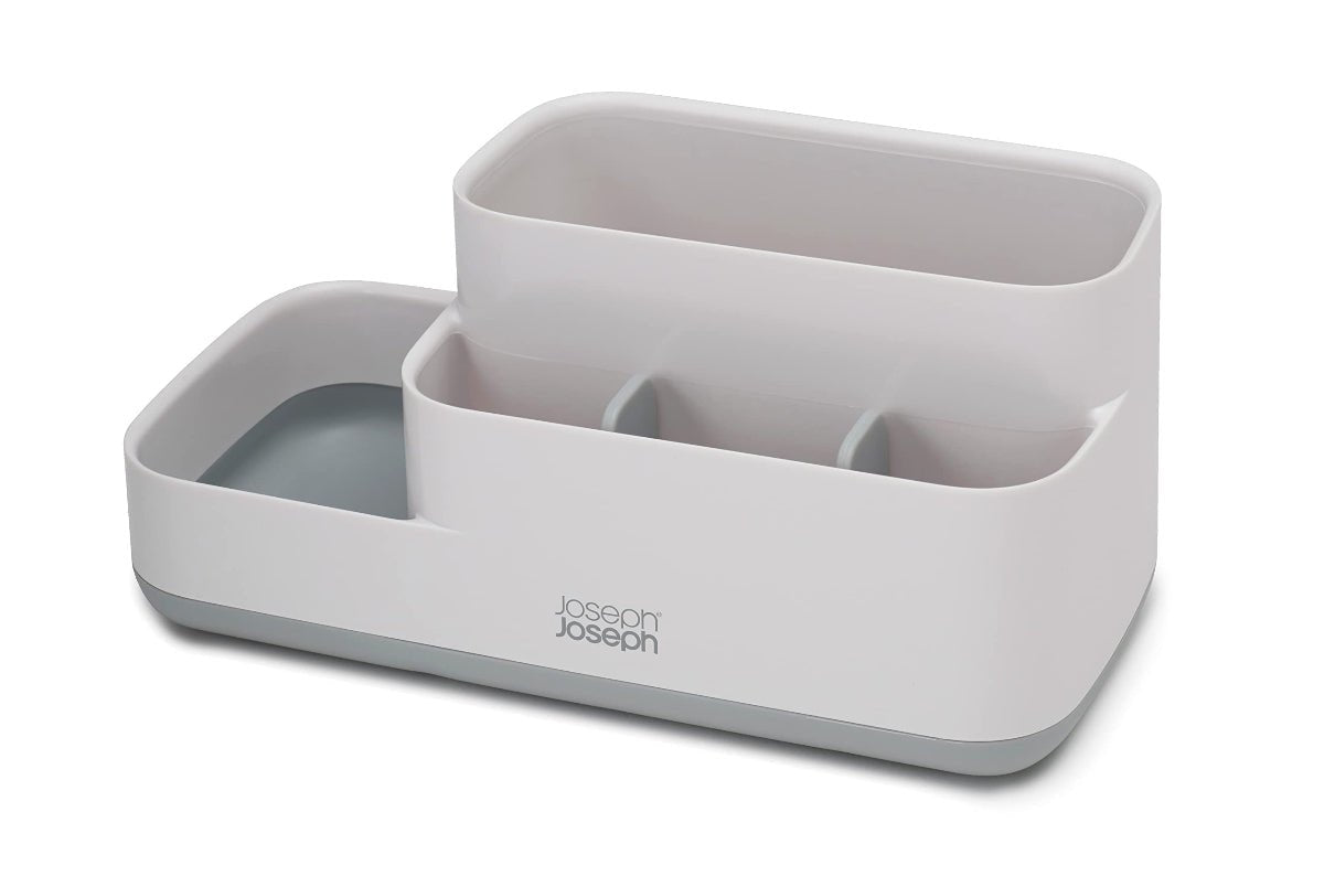 Close-up view of the Joseph Joseph EasyStore Caddy's compartments, showing various sizes and depths for different items